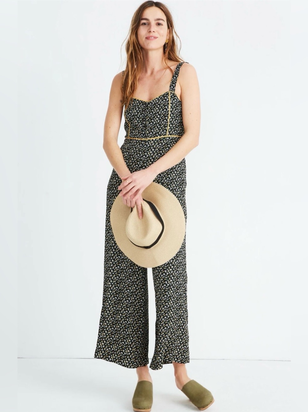 MADEWELL Button Front Wide Leg Jumpsuit Playground Posies Floral Black Size 8